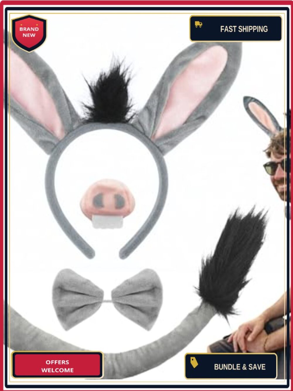 Donkey Costume Set Ears Headband Tail Bendable One Size Fits Most